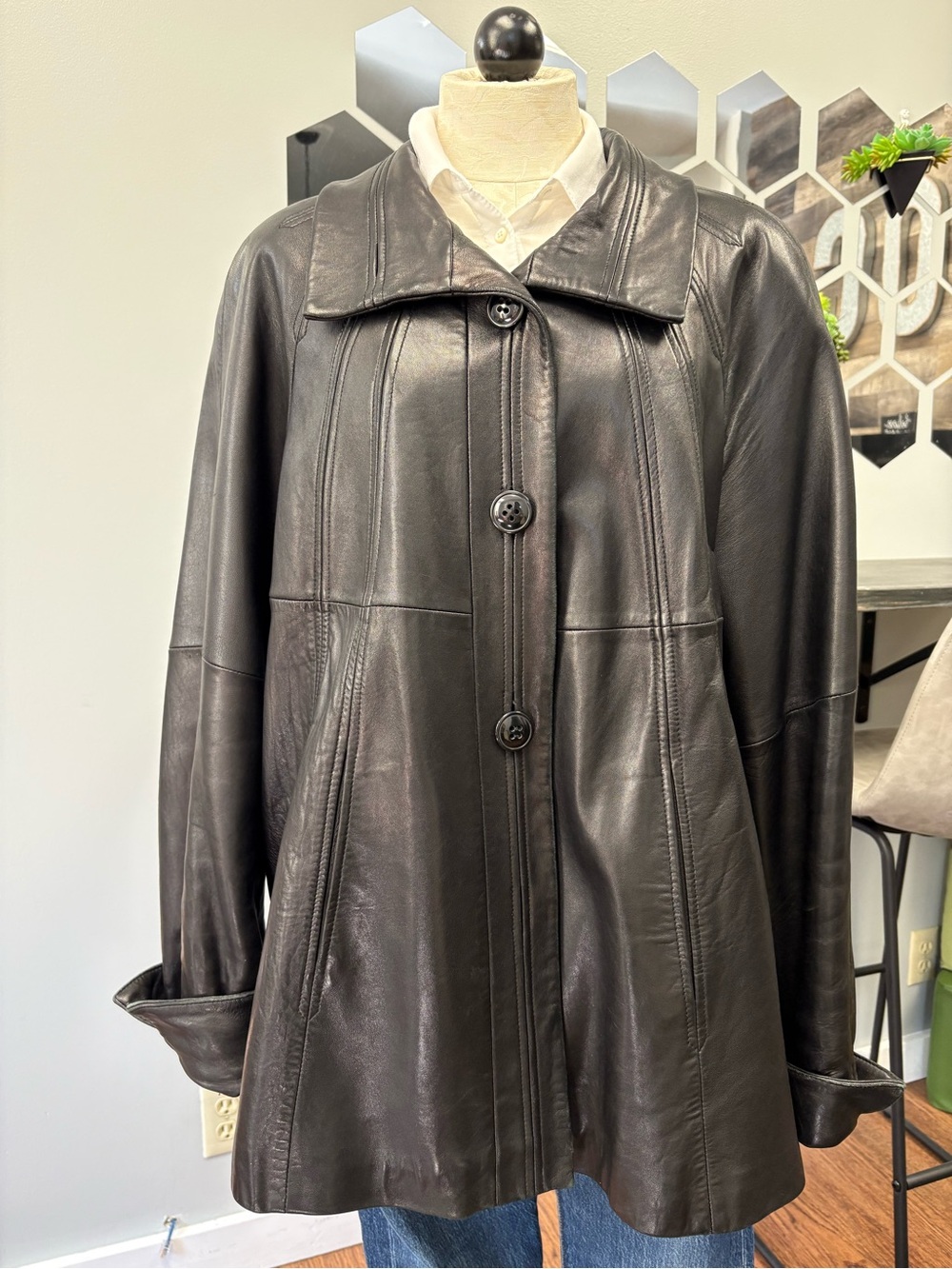Women's Black Genuine Leather Button-Front Jacket